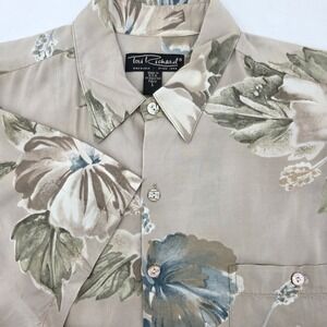 Tori Richard Mens Large Floral Hibiscus Aloha Shirt Tan Blue Viscose Made Hawaii